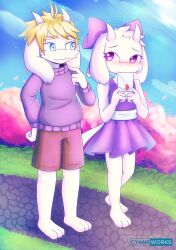  1boy 1girl 2020 2d aged_down animal_ears anthro aqua_eyes artist_name asgore_dreemurr barefoot blonde_hair blush body_fur bow brown_shorts commentary commission couple cyaneworks day digital_media dress droopy_ears english_commentary fangs female floppy_ears full_body furry furry_female furry_male furry_with_furry goat goat_boy goat_ears goat_girl goat_horns grass hair_bow hand_on_own_hip hand_up hands_up hetero holding holding_letter horns letter long_sleeves love_letter male mammal monster monster_boy monster_girl outdoors path purple_bow purple_dress purple_ribbon purple_sweater ribbon short_hair shorts shy side-by-side sideways_glance standing sweater toriel undertale utdr_(toby_fox) violet_eyes white_fur white_horns white_ribbon 