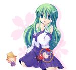  blonde_hair blue_hair blush chibi codemofel frog green_eyes green_hair hair_ornament hat kochiya_sanae long_hair minigirl moriya_suwako multiple_girls shimenawa short_hair skirt snake touhou yasaka_kanako 