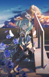  1girl absurdres ahoge alternate_costume aqua_eyes asymmetrical_legwear bell belt black_belt black_choker black_socks black_thighhighs blue_flower blue_hair blush bud choker chromatic_aberration clouds cloudy_sky collarbone commentary coomlee criss-cross_straps evening flax_(flower) flower frills full_body hair_ribbon halo hatsune_miku highres interlocked_fingers knees_apart_feet_together lace lollipop_in_mouth long_hair long_sleeves looking_at_viewer neck_bell open_mouth own_hands_clasped own_hands_together puffy_long_sleeves puffy_sleeves railing ribbon shoes sidelocks sitting sitting_on_stairs sky socks solo stairs thigh-highs traditional_halo twintails untranslatable_commentary very_long_hair vocaloid white_halo 