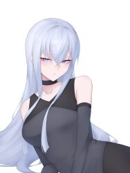  1girl bare_shoulders black_choker black_dress choker close_(digimon) collarbone crossed_bangs detached_sleeves digimon digimon_liberator dress expressionless grey_hair hashtag-only_commentary highres long_hair long_sidelocks looking_at_viewer sidelocks sleeveless sleeveless_dress solo violet_eyes white_background zigma_s 