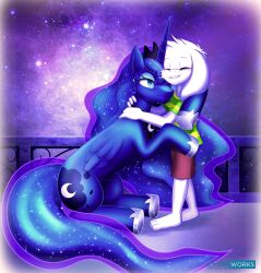  1boy 2022 2d animal_ears anthro artist_name asriel_dreemurr barefoot black_pants blue_hair body_fur commentary crossover cutie_mark cyaneworks digital_media droopy_ears duo english_commentary fangs feathered_wings floppy_ears full_body furry furry_male goat goat_boy goat_ears goat_tail green_sweater horizontal-striped_clothes hug jewelry long_hair long_sleeves male mammal monster monster_boy my_little_pony my_little_pony:_friendship_is_magic necklace painting_(medium) pants pony_(animal) princess_luna purple_background sitting space_background striped_clothes striped_sweater sweater tail tail_tuft tiara two-tone_sweater undertale utdr_(toby_fox) very_long_hair white_fur winged_unicorn wings yellow_stripes 