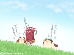  >_< ._. animal_ears beret blue_sky bow braid closed_eyes clouds commentary_request day ears_through_headwear goma_(gomasamune) grass hair_bobbles hair_ornament haskap hat highres hokko_tarumae_(umamusume) horse_ears low_twintails multicolored_hair outdoors running sky star_(symbol) still_in_love_(umamusume) striped_bow sweat translation_request twin_braids twintails twitter_username two-tone_hair umamusume veil white_hair white_hat yoitomake_(food) 