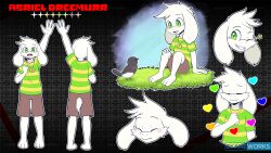  1boy 2020 2d abstract_background animal animal_ears anthro arm_support artist_name asriel_dreemurr barefoot bird black_background black_shorts body_fur closed_eyes closed_mouth commentary cropped_head cropped_torso cyaneworks digital_media droopy_ears english_commentary fangs floppy_ears full_body furry furry_male goat goat_boy goat_ears goat_tail grass green_eyes green_sweater hand_on_own_chest hand_on_own_knee heart heart_necklace horizontal-striped_clothes jewelry knees_up looking_at_animal male male_focus male_only mammal monster monster_boy multiple_views necklace one_eye_closed open_mouth outline reference_sheet short_sleeves shorts sitting solo standing star_(symbol) striped_clothes striped_sweater sweater tail tail_tuft turnaround two-tone_sweater undertale utdr_(toby_fox) white_fur white_outline yellow_stripes 