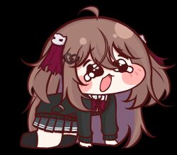  1girl ahoge all_fours asymmetrical_legwear black_background black_cardigan black_socks black_thighhighs blush_stickers bow bowtie breasts broken_heart broken_heart_hair_ornament brown_hair cardigan chibi chibi_only commentary_request crying crying_with_eyes_open dress_shirt evil_neuro-sama from_side full_body grey_skirt hair_between_eyes hair_ornament heart highres long_hair long_sleeves meme open_mouth pleated_skirt red_bow red_bowtie red_ribbon ribbon shirt simple_background single_sock single_thighhigh skirt skull_hair_ornament socks solo speakiposting_(meme) teardrop tears thigh-highs torn_hair_ribbon uneven_legwear vedal_ai wavy_eyes white_shirt yumo539959 