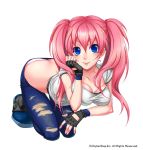 breasts character_request cleavage fingerless_gloves get_amped_2 gloves jeans nanaca_cs official_art panties pink_hair shoes simple_background smile solo squatting tiffany_sparks twintails underwear 
