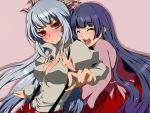  black_hair blush bow fujiwara_no_mokou glomp hair_bow hair_ribbon houraisan_kaguya hug long_hair mataro multiple_girls red_eyes ribbon silver_hair suspenders touhou 