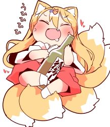  1girl :d ^_^ animal_ear_fluff animal_ears blonde_hair blush bottle closed_eyes commentary_request double-parted_bangs drooling drunk fang fox_ears fox_girl fox_tail full_body hair_between_eyes hakama hakama_pants heart highres japanese_clothes kimono long_hair long_sleeves mouth_drool multiple_tails nomeoil open_mouth original pants red_hakama romaji_commentary sake_bottle simple_background smile solo tail white_background white_kimono wide_sleeves 
