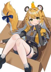  1girl animal_ear_fluff animal_ears black_shorts blue_shoes blush bow box breasts cardboard_box closed_mouth colored_inner_hair commentary_request food food_on_head fruit fruit_on_head green_eyes grey_shirt high-waist_shorts in_box in_container jacket ju_fufu looking_at_viewer mandarin_orange multicolored_hair object_on_head shirt shoes shorts simple_background sitting small_breasts socks solo striped_hair striped_tail tail tail_bow tail_ornament thigh_strap tiger_ears tiger_girl tiger_stripes tiger_tail user_pgur2755 white_background white_socks yellow_jacket zenless_zone_zero 