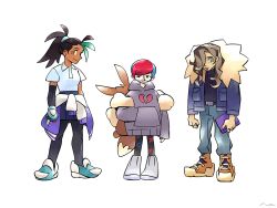  1boy 2girls aethermir arven_(pokemon) book clothes_around_waist dark-skinned_female dark_skin eevee grey_hoodie hair_over_one_eye holding holding_book hood hoodie jacket jacket_around_waist multiple_girls nemona_(pokemon) open_clothes open_jacket parody penny_(pokemon) pokemon pokemon_(creature) pokemon_sv ponytail style_parody white_background 