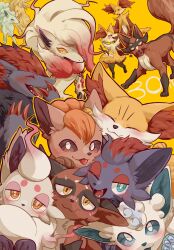  6+others alolan_ninetales alolan_vulpix animal_ears blush braixen closed_eyes closed_mouth commentary_request delphox facial_hair fangs fennekin fox fox_ears fox_tail highres hisuian_zoroark hisuian_zorua holding holding_stick kurumilky6 looking_at_another looking_at_viewer multiple_others multiple_tails mustache nickit one_eye_closed open_mouth pawpads pokemon pokemon_(creature) pokemon_day stick sweatdrop tail thievul tongue tongue_out yellow_background zoroark zorua 