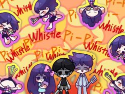  1girl 3boys alternate_color antenna_hair aubrey_(headspace)_(omori) aubrey_(omori) ball_gag barefoot black_eyes black_hair black_shorts black_tank_top black_thighhighs blue_pants blue_shirt blush bow brothers checkered_clothes chibi chibi_only closed_eyes closed_mouth collared_pajamas colored_skin commentary double-parted_bangs english_commentary gag hair_between_eyes hair_bow hero_(headspace)_(omori) hero_(omori) highres holding holding_knife holding_spatula holding_stuffed_toy kel_(headspace)_(omori) kel_(omori) knife linglanjunying long_hair long_shirt long_sleeves mr._plantegg_(omori) multiple_boys omori omori_(omori) open_mouth pajamas pants pink_bow purple_hair shaded_face shirt short_hair short_sleeves shorts siblings sidelocks spatula striped_clothes striped_pajamas striped_pants striped_shorts stuffed_eggplant stuffed_toy sweatdrop t-shirt tank_top thigh-highs two-tone_pants two-tone_shorts vertical-striped_clothes vertical-striped_pajamas vertical-striped_pants vertical-striped_shorts very_long_hair violet_eyes white_pajamas white_pants white_shorts white_skin 