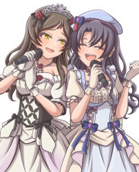 2girls :d ^_^ armpit_crease beret black_hair blue_dress blue_hat blush brown_hair center_frills closed_eyes commentary_request cowboy_shot detached_sleeves dress frilled_gloves frilled_sleeves frills ganbarai gingham_hat gloves grey_tiara hat holding holding_microphone idolmaster idolmaster_million_live! kitazawa_shiho looking_at_another microphone multiple_girls open_mouth puffy_short_sleeves puffy_sleeves raised_inner_eyebrows short_sleeves simple_background smile strapless strapless_dress takayama_sayoko teeth tiara upper_teeth_only white_background white_gloves yellow_eyes 