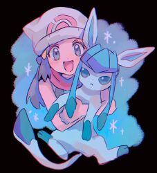  anzu_(01010611) beanie blue_eyes blue_fur glaceon hat hikari_(pokemon) holding holding_pokemon looking_at_viewer open_mouth pokemon pokemon_(creature) pokemon_dppt tail two-tone_fur white_hat 
