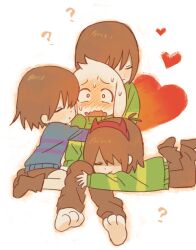 1boy 3others ? asriel_dreemurr blue_sweater blush brown_shorts chara_(undertale) deltarune flustered frisk_(undertale) furry furry_male gg1231231231233 goat_boy headband heart highres kris_(deltarune) multiple_others red_headband shorts striped_clothes striped_sweater sweater undertale utdr_(toby_fox) 