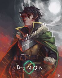  1boy arm_shield armor artist_logo belt black_belt black_cloak black_hair black_shirt breastplate brown_gloves brown_shirt cloak closed_mouth collared_shirt commentary deeejuice elbow_gloves embers english_commentary fingerless_gloves fur-trimmed_cloak fur-trimmed_gloves fur_trim gloves green_cloak green_eyes green_pants grey_armor high_collar highres hood hood_down hooded_cloak iwatani_naofumi layered_shirt legendary_shield_(small_shield)_(tate_no_yuusha_no_nariagari) legendary_shield_(tate_no_yuusha_no_nariagari) logo long_sleeves male_focus messy_hair multicolored_gloves painterly pants shirt short_hair short_sleeves sidelocks solo tate_no_yuusha_no_nariagari two-tone_gloves upper_body 