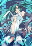  absurdres aqua_hair bare_shoulders blue_eyes breasts bridal_gauntlets center_opening colored_eyelashes detached_sleeves eyelashes hatsune_miku hatsune_miku_(append) highres long_hair miku_append nail_polish necktie open_mouth outstretched_arm outstretched_hand revised revision smile solo thigh-highs thighhighs tori_(amadok79) twintails very_long_hair vocaloid vocaloid_append yuu_(amadoki) 