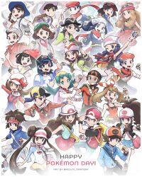  6+boys 6+girls :d akari_(pokemon) anniversary arm_up backpack bag beanie beast_ball black_hair black_hat blue_hat blue_jacket blue_overalls blue_shorts bracelet breast_pocket brendan_(pokemon) brown_eyes brown_hair calem_(pokemon) cardigan cherish_ball collared_shirt commentary dive_ball double_bun dream_ball dusk_ball elio_(pokemon) ethan_(pokemon) eyewear_on_headwear fast_ball florian_(pokemon) gloria_(pokemon) great_ball green_hat green_jacket grey_cardigan grey_hat grin hair_bun hand_up harmony_(pokemon) hat heavy_ball highres hikari_(pokemon) hilbert_(pokemon) hilda_(pokemon) holding holding_poke_ball jacket jewelry juliana_(pokemon) kelvin-trainerk kris_(pokemon) leaf_(pokemon) long_hair lucas_(pokemon) luxury_ball lyra_(pokemon) may_(pokemon) multiple_boys multiple_girls nate_(pokemon) necktie open_mouth orange_necktie overalls paxton_(pokemon) pink_hat pocket poke_ball poke_ball_(basic) pokemon pokemon_bw pokemon_bw2 pokemon_day pokemon_dppt pokemon_frlg pokemon_gsc pokemon_hgss pokemon_legends:_arceus pokemon_legends:_z-a pokemon_oras pokemon_sm pokemon_sv pokemon_swsh pokemon_xy premier_ball red_(pokemon) red_hat red_jacket red_scarf red_shirt red_skirt rei_(pokemon) repeat_ball rosa_(pokemon) scarf selene_(pokemon) serena_(pokemon) shirt shorts skirt smile sunglasses tam_o'_shanter teeth timer_ball twintails twitter_username ultra_ball victor_(pokemon) white_hat white_shirt yellow_bag z-ring zipper_pull_tab 