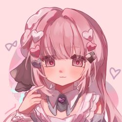  1other :3 akiyama_mizuki beret checkerboard_cookie checkerboard_cookie_hair_ornament chinese_commentary closed_mouth commentary_request cookie cookie_hair_ornament detached_collar detached_sleeves food food-themed_hair_ornament funsai_seyo!_unvalentine_no_fukushuu_(project_sekai) gem hair_ornament hand_up hat heart heart-shaped_gem heart_hair_ornament highres light_blush long_hair long_sleeves miao_miao_dawang mixed-language_commentary off_shoulder official_alternate_costume official_alternate_hair_length official_alternate_hairstyle other_focus pink_background pink_eyes pink_hair pink_theme project_sekai purple_gem solo upper_body 