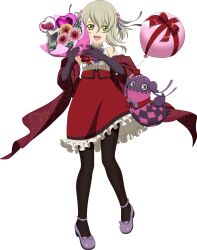  1girl artist_request balloon black_gloves black_pantyhose blonde_hair bouquet creature doll dress elbow_gloves elize_lutus elize_lutus_(anniversary) flower formal_clothes full_body game_cg gloves hair_flower hair_ornament hair_ribbon highres holding holding_bouquet looking_at_viewer medium_hair official_alternate_costume official_art open_mouth pantyhose pink_flower purple_ribbon purple_shoes red_dress ribbon shoes smile solo standing tales_of_(series) tales_of_asteria tales_of_xillia teepo_(tales) third-party_source transparent_background yellow_flower 