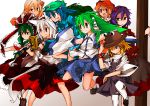  aki_minoriko aki_shizuha blonde_hair blue_eyes blue_hair dress green_eyes green_hair group hat inubashiri_momiji japanese_clothes kagiyama_hina kawashiro_nitori kochiya_sanae long_hair miko moriya_suwako orange_eyes orange_hair purple_hair red_eyes ribbons short_hair skirt sword thigh-highs thighhighs touhou weapon white_hair yasaka_kanako yellow_eyes 