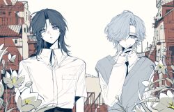  2boys bishounen black_hair blue_hair blue_sweater_vest collared_shirt flat_color flower hair_over_one_eye hanakago_tsubasa highres long_sleeves looking_at_viewer male_focus medium_hair multiple_boys necktie nijisanji rifle2005 school_uniform shinomiya_yuno shirt short_hair sweater_vest upper_body virtual_youtuber white_shirt 