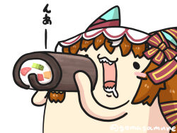  animal_ears blush_stickers bow brown_hair commentary_request ehoumaki food goma_(gomasamune) hands_up highres holding holding_food horse_ears makizushi multicolored_hair open_mouth red_bow saliva sharp_teeth simple_background solo still_in_love_(umamusume) streaked_hair striped_bow sushi teeth translation_request twitter_username umamusume upper_body veil white_background white_hair 