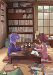  2girls ahoge blue_eyes bookshelf brown_eyes brown_hair cardigan commentary_request dress full_body glasses gunpla highres indoors long_hair looking_at_another model_kit multiple_girls otomachi_una purple_hair short_hair sitting slice_of_life tatami touhoku_kiritan twintails vocaloid voiceroid wariza yamamomo_(plank) 