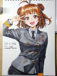  1girl ahoge alternate_costume antenna_hair art_tools_in_frame artist_name black_jacket black_necktie black_skirt brown_eyes brown_hair buttons collared_shirt commentary_request dated double-breasted double_bun hair_bun highres hisama_tomoki jacket japan_maritime_self-defense_force japan_self-defense_force kantai_collection long_sleeves looking_at_viewer marker_(medium) military military_dress_uniform military_rank_insignia military_uniform naka_(kancolle) naval_dress_uniform naval_uniform necktie one-hour_drawing_challenge open_mouth ribbon_bar shirt simple_background skirt solo traditional_media v v_over_eye white_background white_shirt 