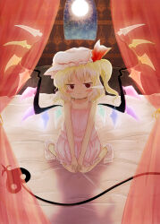  1girl absurdres bed blonde_hair bloomers blush crystal_wings flandre_scarlet fleuriste frown full_moon hat highres laevatein_(touhou) mob_cap moon on_bed sitting sleepwear socks touhou white_bloomers white_hat wings zun_(style) 