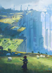  1girl absurdres animal arch bag black_bag blue_capelet blue_dress blue_sky brown_hair capelet cliff clouds commentary day dress fantasy floating_hair forest from_behind full_body grass highres holding holding_behind_back holding_staff jef_wu long_dress long_sleeves making-of_available megastructure nature original outdoors pillar pool ruins scenery shade sheep short_hair shoulder_bag sky solo staff tree walking wide_shot wind 