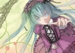  aqua_eyes aqua_hair dress hatsune_miku highres lace looking_at_viewer looking_up neck_ribbon outstretched_arm rose twintails vocaloid 
