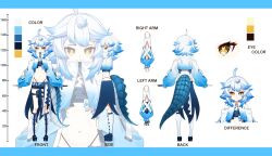  1girl blue_hair crocodilian crocodilian_tail haikuyomi_(819) highres indie_virtual_youtuber lilin_korin(vtuber) loli non-web_source petite reference_sheet tail virtual_youtuber yellow_eyes 