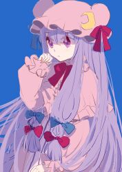  1girl absurdres blue_background blue_bow blunt_bangs bow bun_cover capelet crescent crescent_hat_ornament crescent_pin dress expressionless hair_bow hand_up hat hat_ornament highres long_hair long_sleeves mob_cap patchouli_knowledge pink_capelet pink_hat pink_robe purple_hair red_bow ribbon robe shocho_(shaojiujiu) sidelocks simple_background solo striped_clothes striped_dress touhou upper_body vertical-striped_clothes vertical-striped_dress violet_eyes 