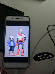  2019 2boys 2d arm_at_side armor black_shorts blue_jacket blue_shorts boots brothers cape comic commentary digital_media duo english_commentary english_text fourth_wall full_body gloves grey_background grey_hood hand_on_own_hip hands_in_pockets height_difference hollow_eyes hood hood_down hooded_jacket humanoid jacket long_sleeves looking_at_viewer male male_focus male_only monster monster_boy multiple_boys no_nose open_clothes open_jacket papyrus_(undertale) phone phone_screen photo_(medium) pink_slippers red_boots red_cape red_gloves sans_(undertale) segmented_comic shirt shorts siblings simple_background single_vertical_stripe skeleton slippers socks speech_bubble standing striped_shorts teeth text undead undertale utdr_(toby_fox) veah3 vertical-striped_clothes vertical-striped_shorts white_armor white_shirt white_stripes yellow_socks 