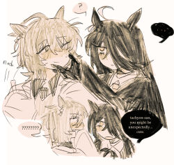  ... 2girls ? agnes_tachyon_(umamusume) black_hair brei brown_hair english_text flustered hair_between_eyes hair_over_one_eye hand_on_another's_face hand_up highres holding holding_test_tube limited_palette long_hair long_hair_between_eyes long_sleeves looking_at_another manhattan_cafe_(umamusume) medium_hair multiple_girls open_mouth red_eyes smile speech_bubble spoken_ellipsis spoken_question_mark test_tube umamusume very_long_hair yellow_eyes 