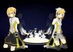  blonde_hair blue_eyes choker detached_sleeves hairclip headphones highres kagamine_len kagamine_len_(append) kagamine_rin kagamine_rin_(append) kneeling leg_warmers len_append navel navel_cutout ponytail popped_collar rin_append see_through short_hair short_shorts shorts smile symmetry vocaloid vocaloid_append 