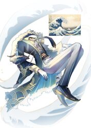  1boy absurdres belt black_shoes blue_coat blue_necktie blue_shawl boat brown_sash buttons coat collar_chain_(jewelry) collared_shirt colored_shoe_soles commentary_request contrast_lapels double-breasted dress_shoes fine_art_parody from_side full_body gloves grey_vest high-waist_pants highres hoshi_mori invisible kanagawa_okinami_ura knees_up lapels liquid_clothes long_sleeves male_focus necktie open_clothes open_coat pants parody personification print_coat reference_inset seigaiha shawl shawl_lapels shirt shoes signature simple_background solo torn_clothes torn_coat two-tone_shawl vest watercraft waves white_background white_belt white_gloves white_necktie white_pants white_shawl wide_sleeves yellow_shirt 