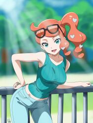  1girl aqua_eyes aqua_nails aqua_shirt arched_back arttymora ass_visible_through_thighs bent_over black-framed_eyewear breasts brown_coat coat collarbone denim eyewear_on_head hair_ornament hand_on_own_hip heart heart_hair_ornament highres jeans medium_breasts midriff no_coat open_mouth orange-tinted_eyewear orange_hair pants pokemon pokemon_swsh ribbed_shirt shirt side_ponytail side_ponytail_with_hair_base smile solo sonia_(pokemon) sunglasses sunlight swept_bangs tank_top tinted_eyewear v-neck 