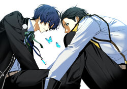  2boys belt black_hair black_jacket black_pants black_trim blue_butterfly blue_eyes blue_hair blue_ribbon bug butterfly collared_shirt eye_contact gekkoukan_high_school_uniform headphones headphones_around_neck highres jacket long_sleeves looking_at_another male_focus mochizuki_ryouji multiple_boys neck_ribbon pants persona persona_3 ribbon sa1meunegg scarf school_uniform shirt shirt_tucked_in short_hair short_sideburns sideburns simple_background sleeve_cuffs suit_jacket suspenders white_background white_shirt wing_collar yellow_scarf yuuki_makoto_(persona_3) 