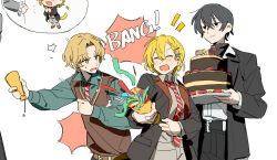  1girl 2boys black_eyes black_hair black_jacket blonde_hair blush brown_vest cake chestnut_mouth closed_eyes collared_shirt commentary cowboy_shot dante_(limbus_company) diagonal-striped_clothes diagonal-striped_necktie don_quixote_(project_moon) empty_eyes english_text food green_shirt grey_shirt hashtag-only_commentary highres holding holding_party_popper holding_plate jacket limbus_company long_sleeves multiple_boys necktie nervous_sweating open_mouth party_popper plate project_moon red_necktie shirt short_hair sinclair_(project_moon) sketch smile striped_clothes sweat uzr_akira vest white_necktie yi_sang_(project_moon) 