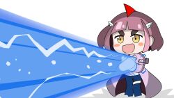  1girl :d arched_bangs blue_pants blueberry_academy_school_uniform blush_stickers bolt_hair_ornament cardigan chibi chibi_only collared_shirt commentary crossed_wrists dorsal_fin dust_cloud energy_beam feet_out_of_frame hair_ornament hands_up highres it's_just_not_right! knees_together_feet_apart lacey_(pokemon) looking_ahead medium_hair neckerchief open_cardigan open_clothes open_mouth pants parody philemens pokemon pokemon_sv purple_cardigan purple_hair red_neckerchief round_collar school_uniform shirt simple_background smile solo standing thick_eyebrows ultra_beam ultra_series ultraman_zearth_(series) v-shaped_eyebrows white_background white_shirt x_arms yellow_eyes 