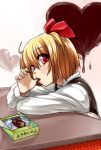  blonde_hair chocolate face fenne finger_in_mouth finger_licking finger_to_mouth hair_ribbon hands head_tilt licking phenne red_eyes ribbon rumia short_hair solo takenoko_no_sato_(food) the_embodiment_of_scarlet_devil thumb_sucking touhou youkai 