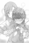  blush instrument misaka_mikoto monochrome multiple_girls short_hair smile to_aru_kagaku_no_railgun to_aru_majutsu_no_index uiharu_kazari violin 