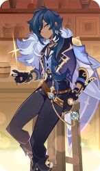  1boy antenna_hair armband bad_source bar_(place) belt black_boots black_gloves black_pants blue_armband blue_cape blue_eyes blue_hair blue_vest boots bottle bracelet brown_belt cape cleavage_cutout closed_mouth clothing_cutout coin coin_flip collared_shirt counter dark-skinned_male dark_skin earrings eyepatch fingerless_gloves fold-over_boots fur-trimmed_cape fur_trim genius_invokation_tcg_(style) genshin_impact glint gloves gold_trim hair_between_eyes hair_over_one_eye hand_up indoors jar jewelry kaeya_(genshin_impact) lapels lens_flare long_hair long_sleeves looking_at_viewer low_ponytail male_focus multicolored_hair official_art on_stool one_eye_covered pants paper parted_bangs ponytail shelf shirt single_earring sleeve_cuffs smile smirk solo spiked_bracelet spikes stool streaked_hair tankard vest vision_(genshin_impact) white_shirt wing_collar wooden_stool 