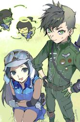  1boy 1girl :d absurdres ananta_(megami_tensei) asahi_(megami_tensei) asymmetrical_hair badge belt belt_pouch black_belt black_gloves black_hair button_badge cheek_tattoo chibi chibi_inset closed_mouth commentary crossed_arms dress earrings elbow_cuffs finger_tattoo flynn_(megami_tensei) gapamopa gloves goggles goggles_on_headwear green_background green_belt green_eyes green_hair green_jumpsuit green_outline grey_eyes halo hashtag-only_commentary helmet high_collar highres jewelry jumpsuit long_hair looking_at_viewer lower_teeth_only multiple_belts nanashi_(megami_tensei) outline partially_fingerless_gloves peace_symbol pouch shin_megami_tensei shin_megami_tensei_iv_final short_dress short_hair shoulder_belt sidecut single_glove sleeve_rolled_up sleeveless sleeveless_dress smile squatting stud_earrings sweatdrop sword sword_on_back tattoo teeth traditional_halo twitter_username undercut very_short_hair weapon weapon_on_back white_belt white_gloves white_helmet zipper 