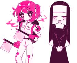  +_+ 1018sus 2girls backpack bag belt black_bag black_belt black_dress black_eyes black_veil blush breasts bright_pupils buttons cleaver closed_eyes closed_mouth colored_skin cowboy_shot cutout_eyelashes demon_girl demon_horns dot_mouth double-parted_bangs dress dual_persona envelope expressionless facial_mark facing_viewer fewer_digits gloves hair_between_eyes hair_ornament heart heart_button heart_facial_mark heart_in_eye heart_print highres holding holding_cleaver holding_knife horns jumpsuit knife knife_hair_ornament layered_sleeves long_sleeves looking_at_viewer multicolored_eyes multiple_girls no_eyebrows no_nose nun nun_headdress one_side_up original own_hands_together pink_eyes pink_gloves pink_hair pocket short_hair sidelocks simple_background small_breasts sparkle standing straight-on symbol_in_eye tareme turtleneck turtleneck_dress two-tone_eyes u_u v_arms veil very_big_eyes white_background white_horns white_jumpsuit white_pupils white_skin x_hair_ornament 