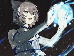  1boy :d absurdres animal_ears bare_shoulders blue_choker blue_dress blue_ribbon bob_cut bow brown_eyes brown_hair cat_boy cat_ears choker commentary_request detached_sleeves dress fang felix_argyle fireflies hair_between_eyes hair_bow highres jewelry korean_commentary light_particles long_sleeves magic male_focus meomeo0303 open_mouth pendant re:zero_kara_hajimeru_isekai_seikatsu ribbon short_eyebrows short_hair smile solo spaghetti_strap striped_clothes striped_dress thick_eyebrows trap upper_body vertical-striped_clothes vertical-striped_dress white_bow yellow_eyes 