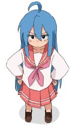  1girl black_eyes blue_hair collarbone commentary full_body hair_between_eyes hands_on_own_hips highres izumi_konata kendama_club loafers long_hair looking_at_viewer lucky_star pink_sailor_collar pink_skirt pleated_skirt ryouou_school_uniform sailor_collar school_uniform serafuku shirt shoes simple_background skirt solo white_background white_shirt 