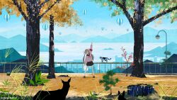  1girl absurdres aircraft arm_up armband black_sailor_collar black_skirt blonde_hair brown_shoes cat commentary_request day hair_ornament highres hot_air_balloon long_hair long_sleeves low_twintails mountain natori_sana natori_sana_(school_uniform) open_mouth outdoors pink_shirt rabbit_hair_ornament red_armband red_eyes sailor_collar sakutaro_(39ar_39ca) sana_channel shirt shoes skirt socks solo standing tree twintails twitter_username virtual_youtuber white_socks 