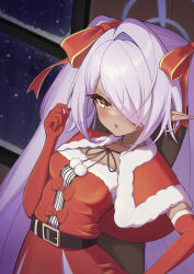  1girl alternate_costume belt black_belt blue_archive blush bow breasts capelet christmas collarbone commentary_request cowboy_shot dress elbow_gloves eyelashes fidgeting frown fur-trimmed_capelet fur-trimmed_dress fur-trimmed_gloves fur_trim gloves grey_hair grey_halo hair_bow hair_over_one_eye halo hand_on_own_hip hand_up highres indoors iori_(blue_archive) kimagurain long_bangs long_hair looking_at_viewer medium_breasts night one_eye_covered open_mouth playing_with_own_hair pointy_ears pom_pom_(clothes) red_bow red_capelet red_dress red_eyes red_gloves santa_costume santa_dress sidelocks single_hair_intake sleeveless sleeveless_dress snowing solo straight_hair tsurime twintails v-shaped_eyebrows very_long_hair window 